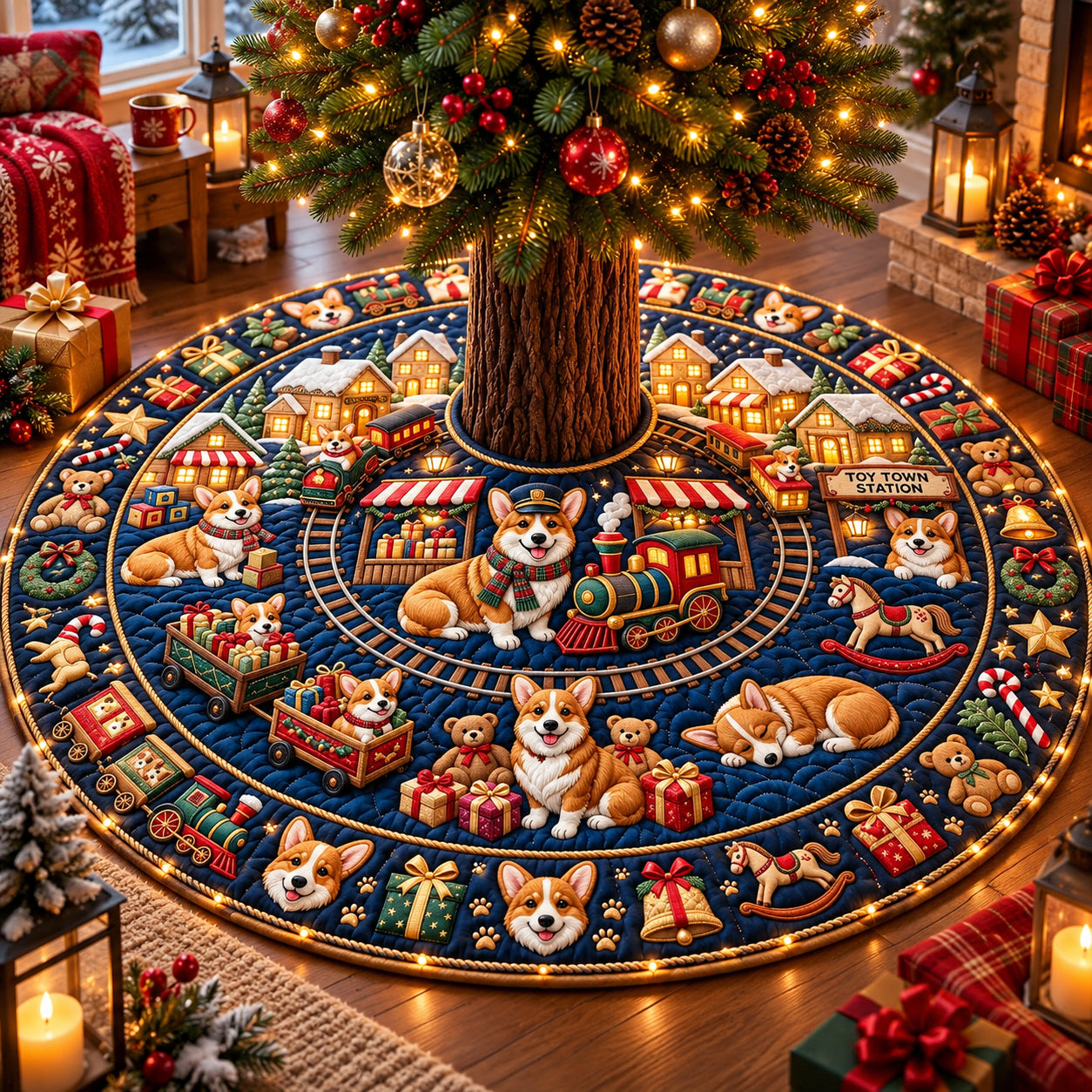 Corgi Toy Train Quilted Tree Skirt