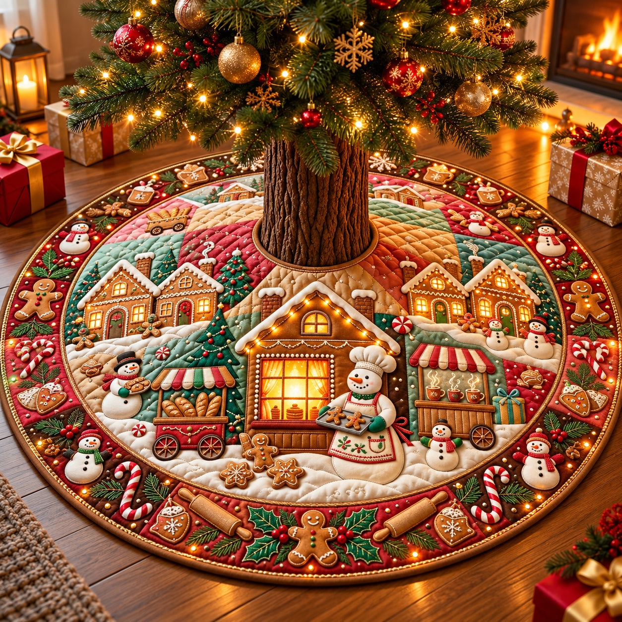 Snowman Bakery Village Quilted Tree Skirt