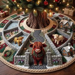 Highland Christmas Pasture Quilted Tree Skirt