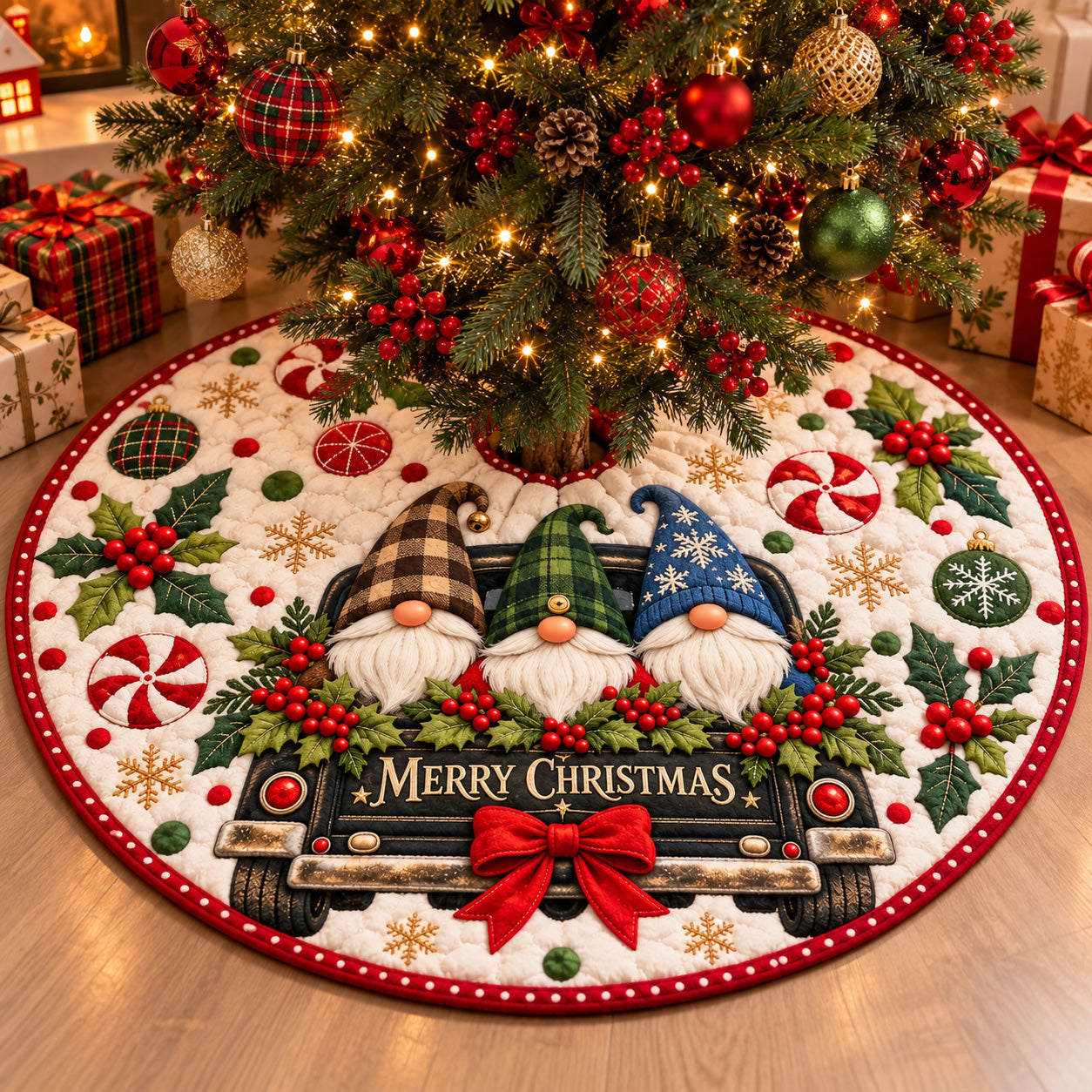 Merry Christmas Gnome Truck Quilted Tree Skirt