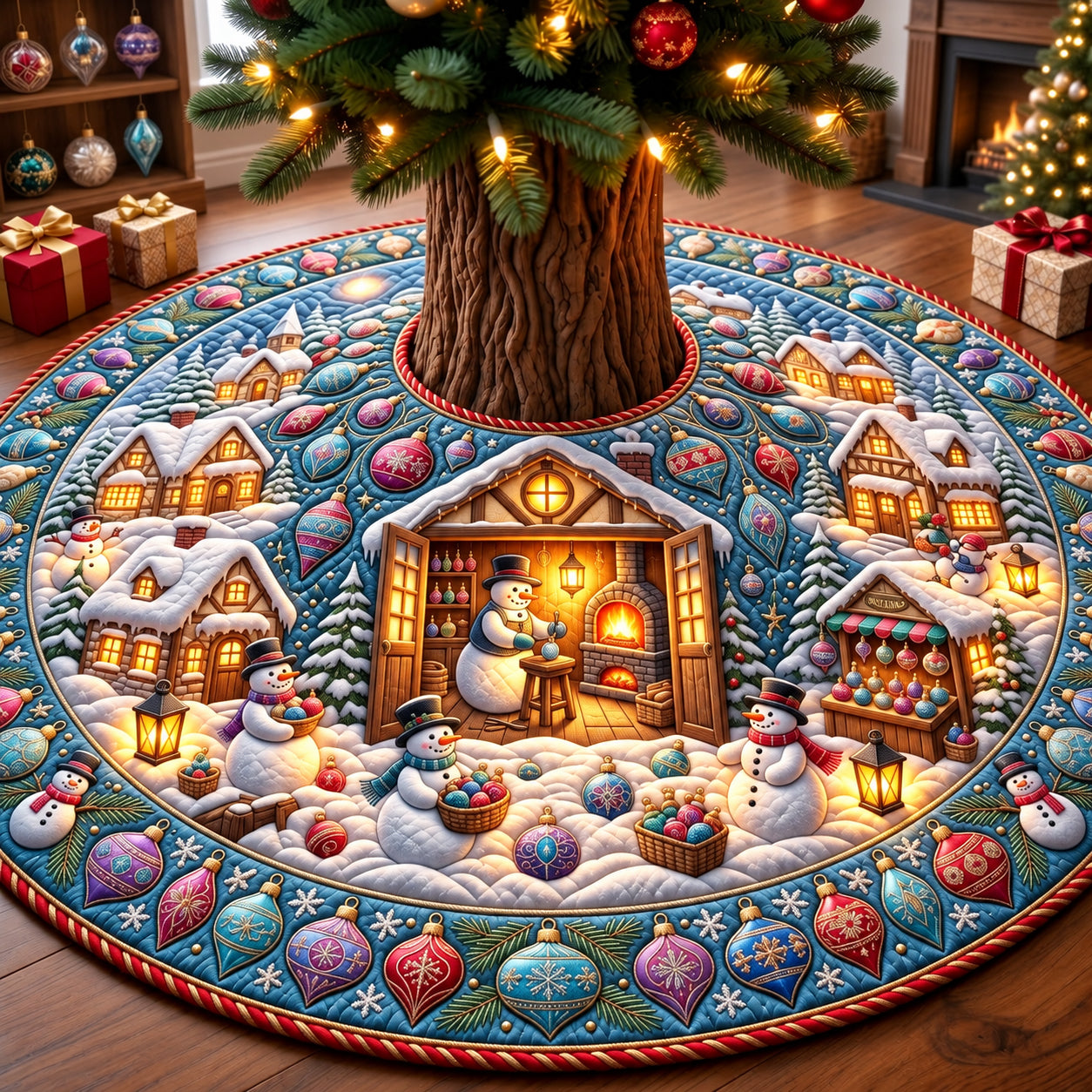 Snowman Glassmaker Village Quilted Tree Skirt