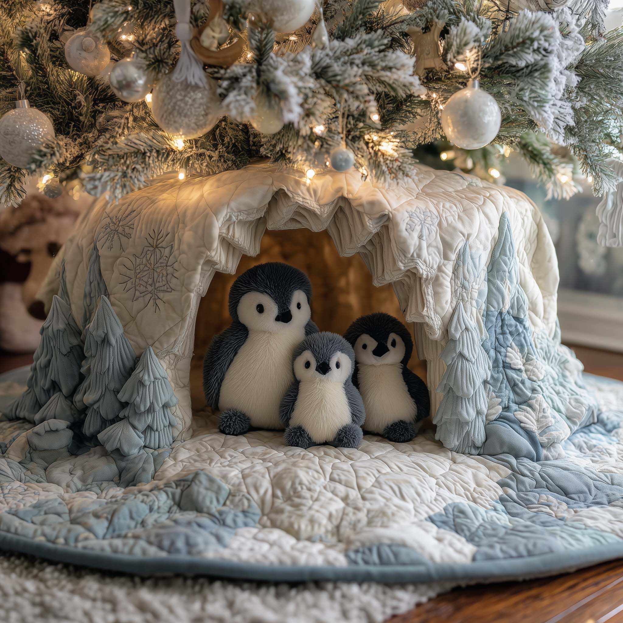 Cozy Penguin Family Quilted Tree Skirt