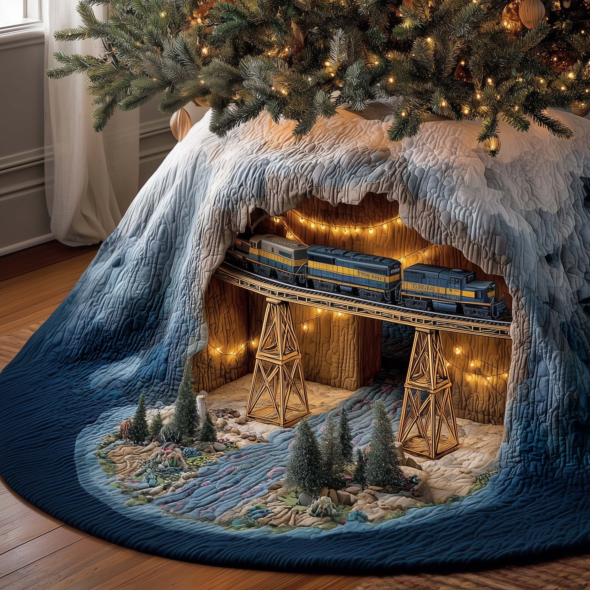 Tunnel Train Quilted Tree Skirt
