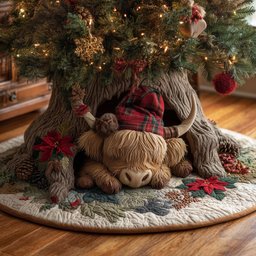 Holiday Highland Cow Quilted Tree Skirt