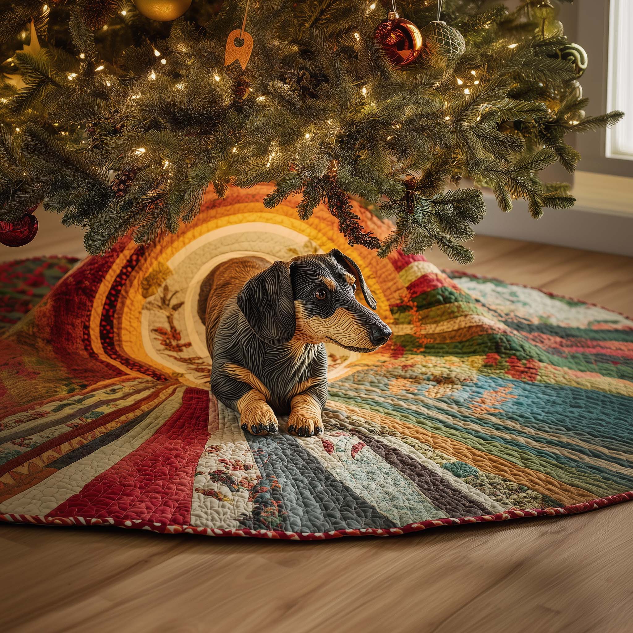 Rainbow Tunnel Dachshund Quilted Tree Skirt