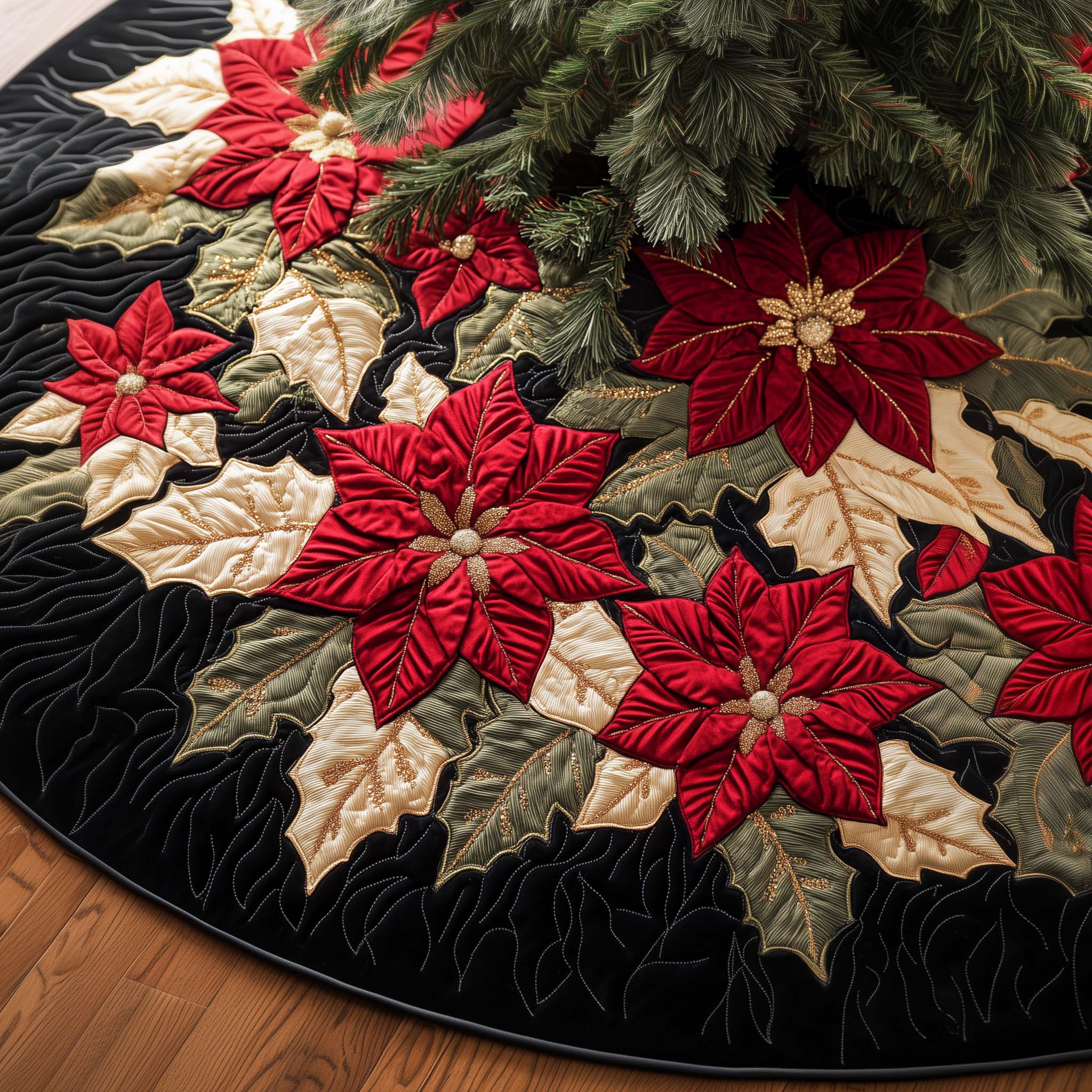 Elegant Poinsettia Quilted Tree Skirt