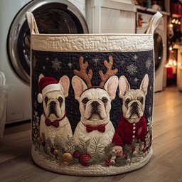 Festive Bulldog Trio Quilted Laundry Basket Mother�s Day Merch Gift