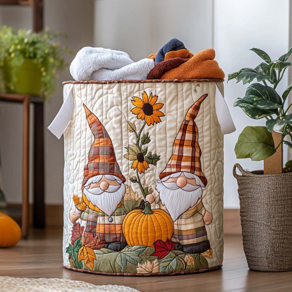 Fall Gnome Gathering Quilted Laundry Basket Merch For Dad