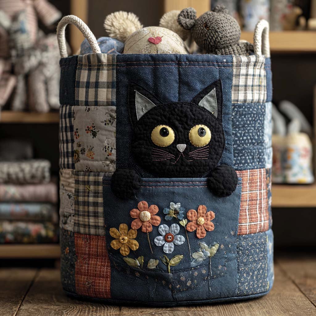 Denim Kitty Quilted Laundry Basket Merch For Friends