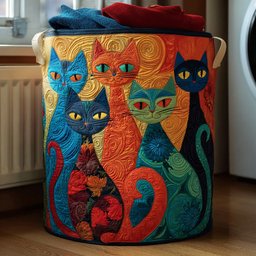 Enchanted Cats Quilted Laundry Basket Birthday Merch Gift