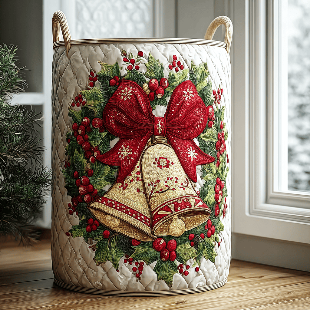 Festive Bell Quilted Laundry Basket Holiday Gift For Laundry Lovers