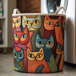 Whimsical Cat Quilted Laundry Basket Holiday Gift For Laundry Lovers