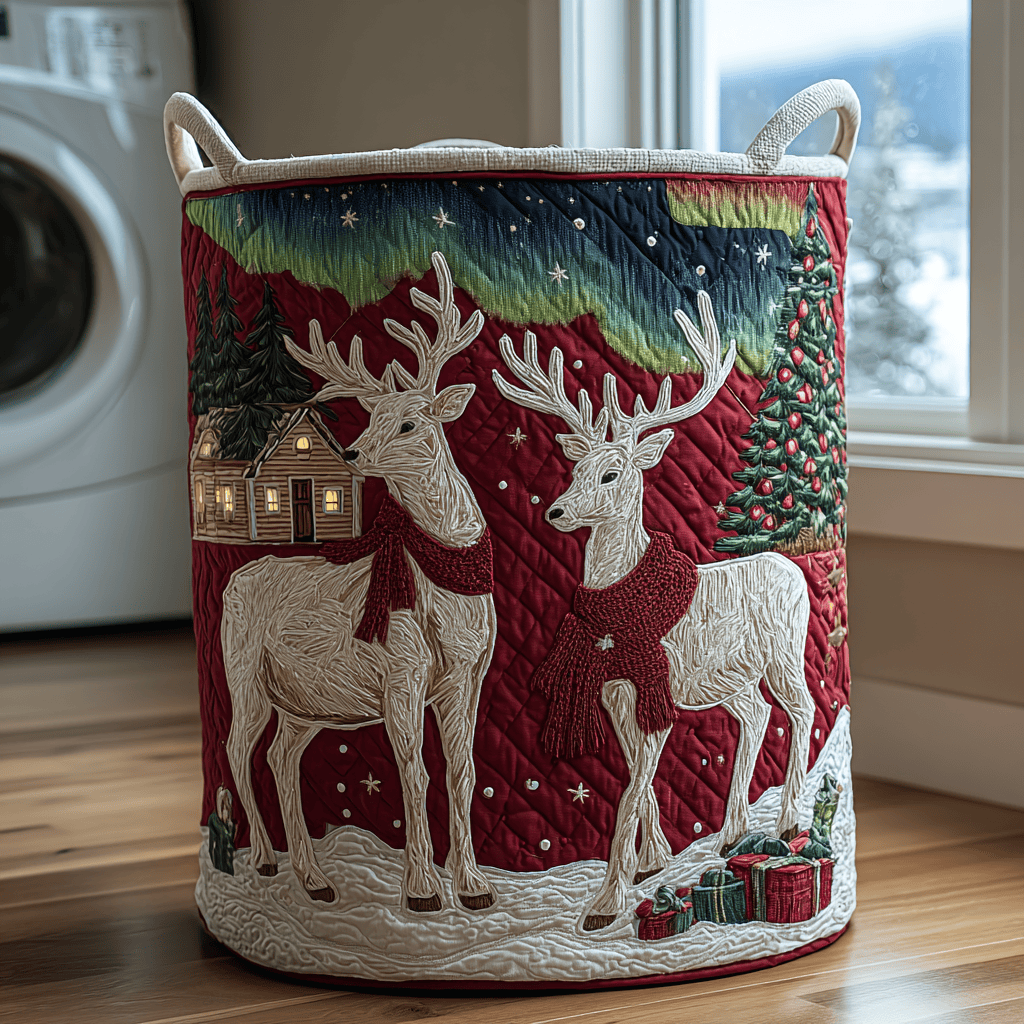 Reindeer Spirit Quilted Laundry Basket Christmas Merch Gift