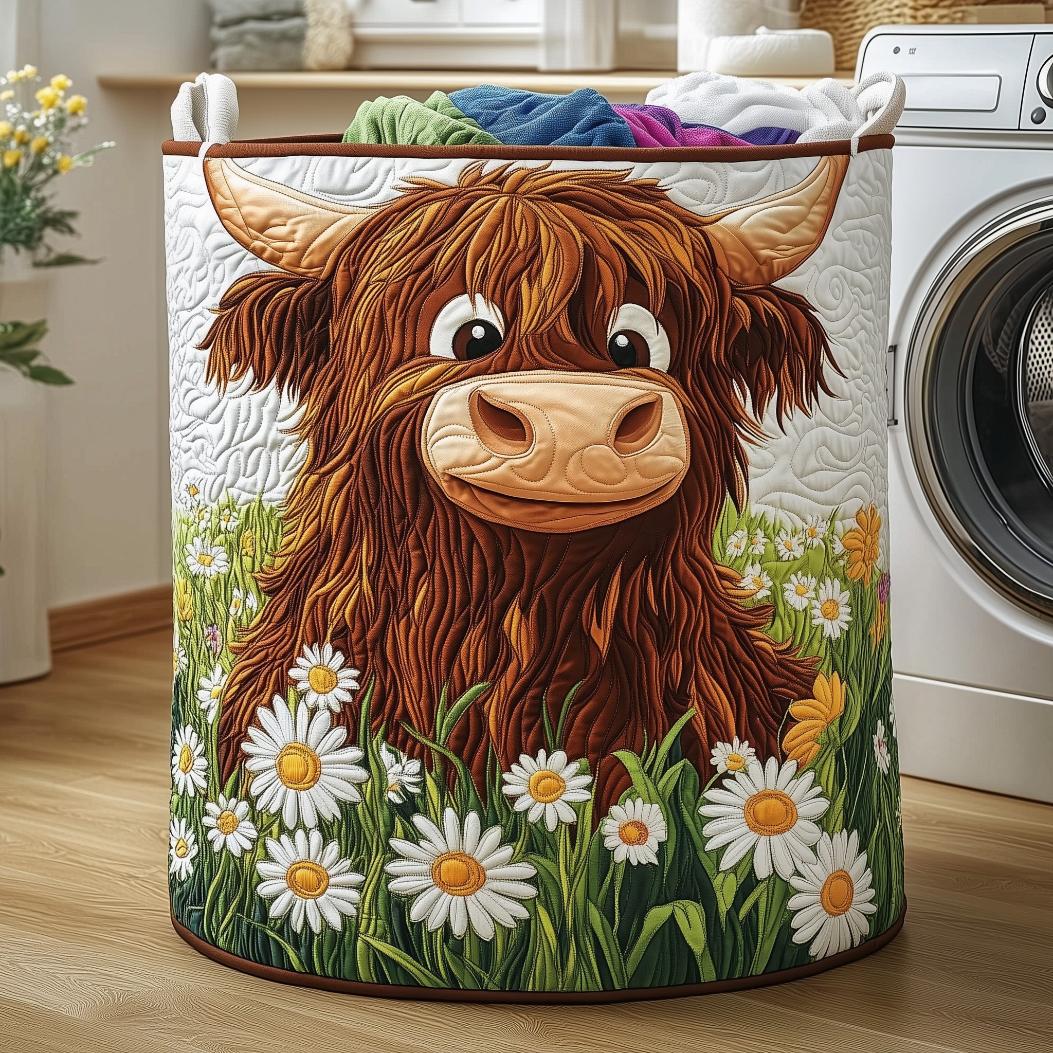 Highland Cow Quilted Laundry Basket Merch For Mom