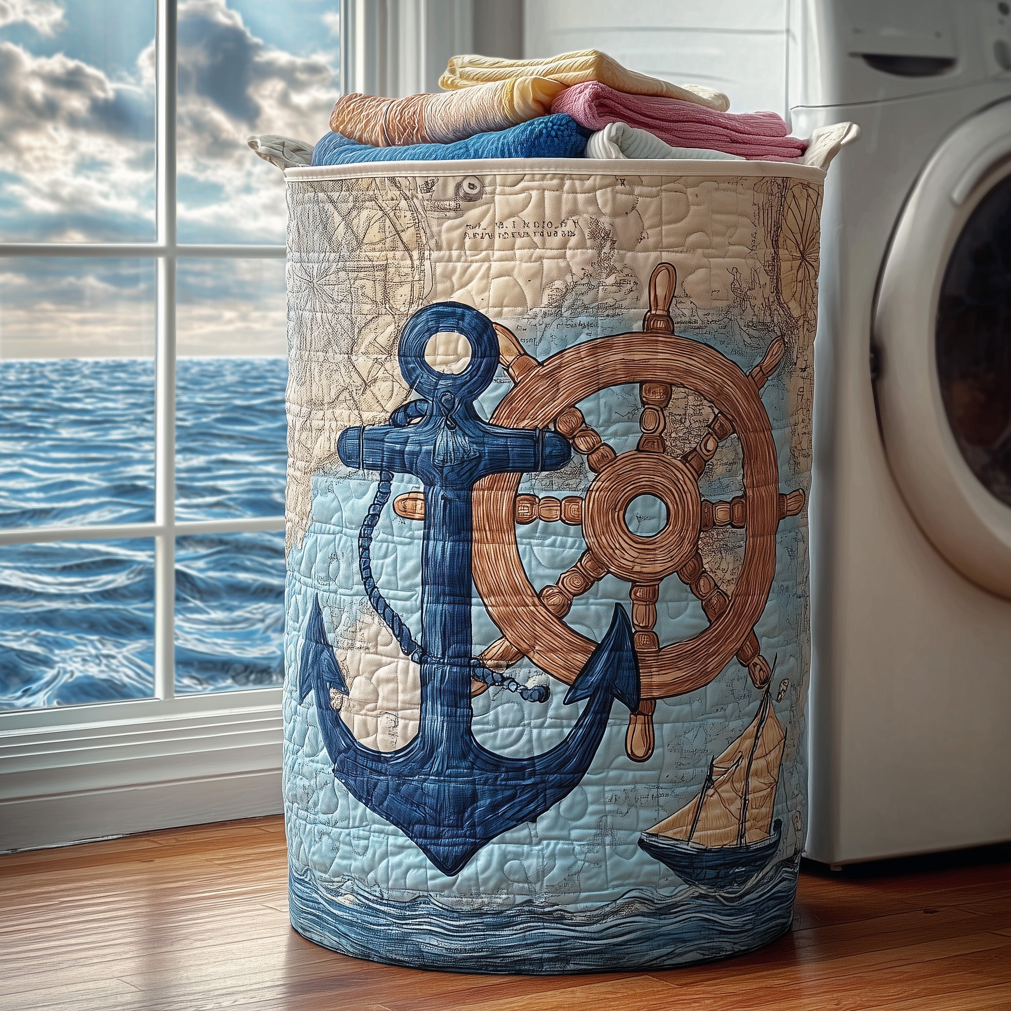Nautical Anchor Quilted Laundry Basket Merch For Couples