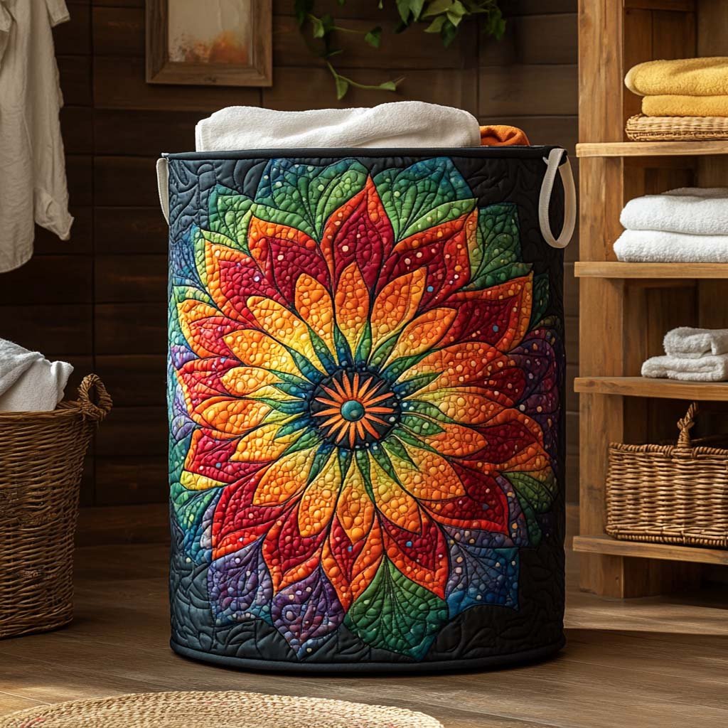 Radiant Rainbow Flower Quilted Laundry Basket Merch For Kids