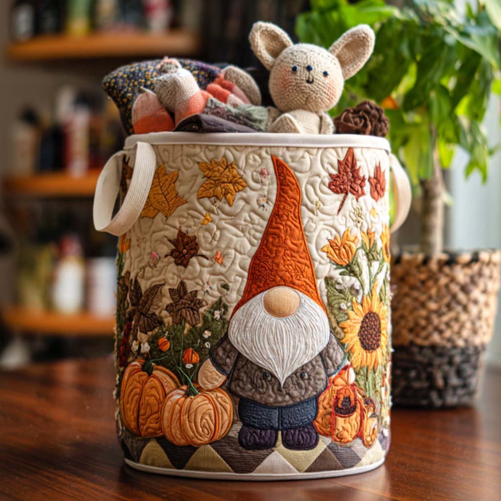 Gnome Leaf Parade Quilted Laundry Basket Merch For Mom