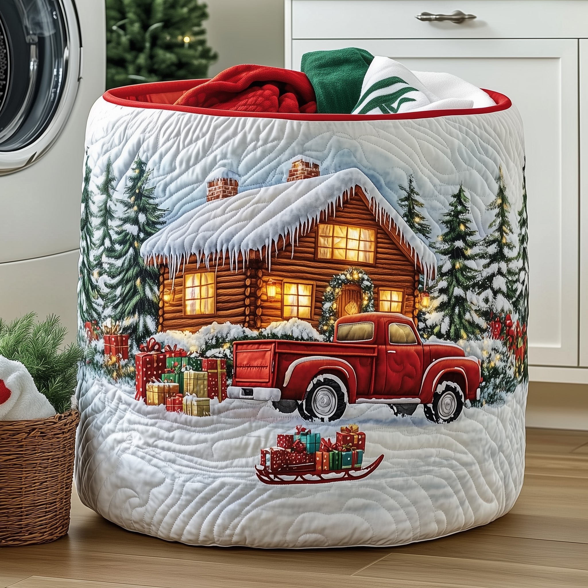 Snow Cabin Quilted Laundry Basket Valentine�s Day Merch Gift