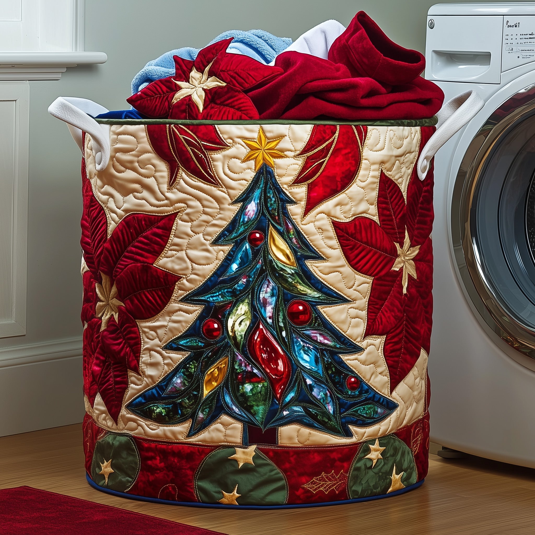 Poinsettia Quilted Laundry Basket Merch For Her