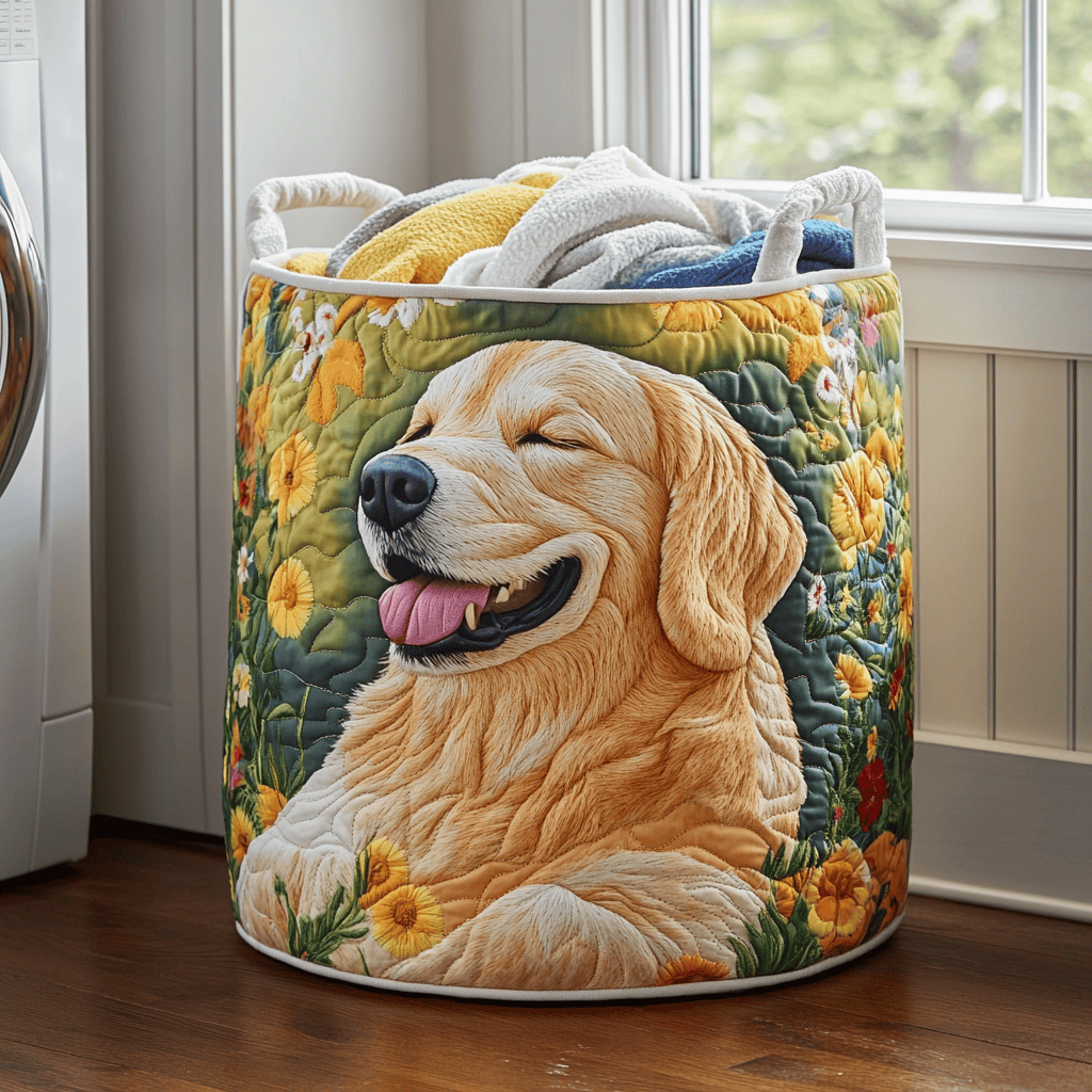 Golden Retriever Bloom Quilted Laundry Basket Ideal Present For Newlyweds