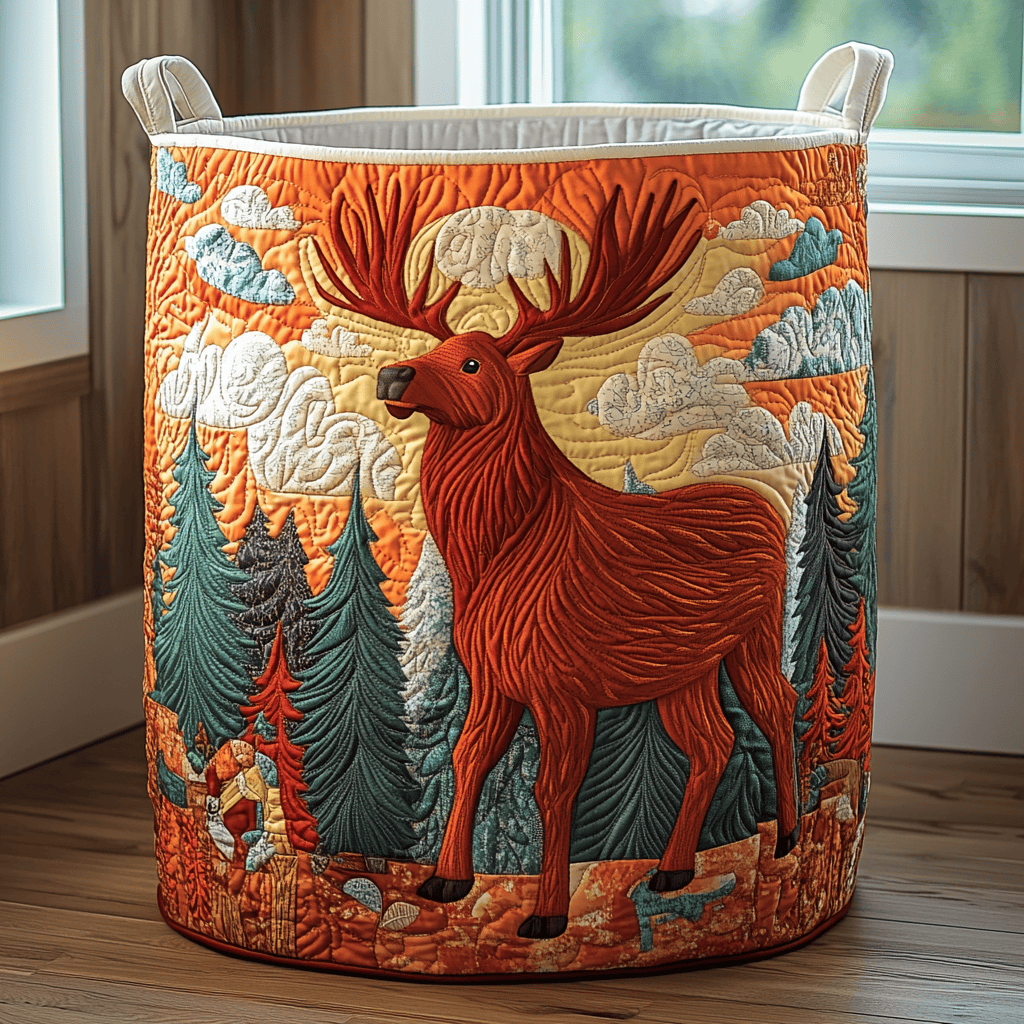 Forest Moose Quilted Laundry Basket Christmas Merch Gift
