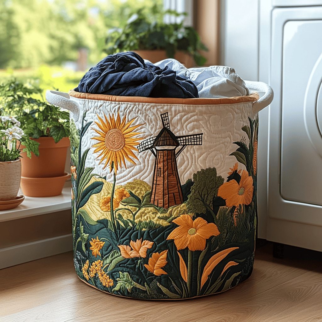 Windmill Bloom Quilted Laundry Basket Holiday Merch Gift