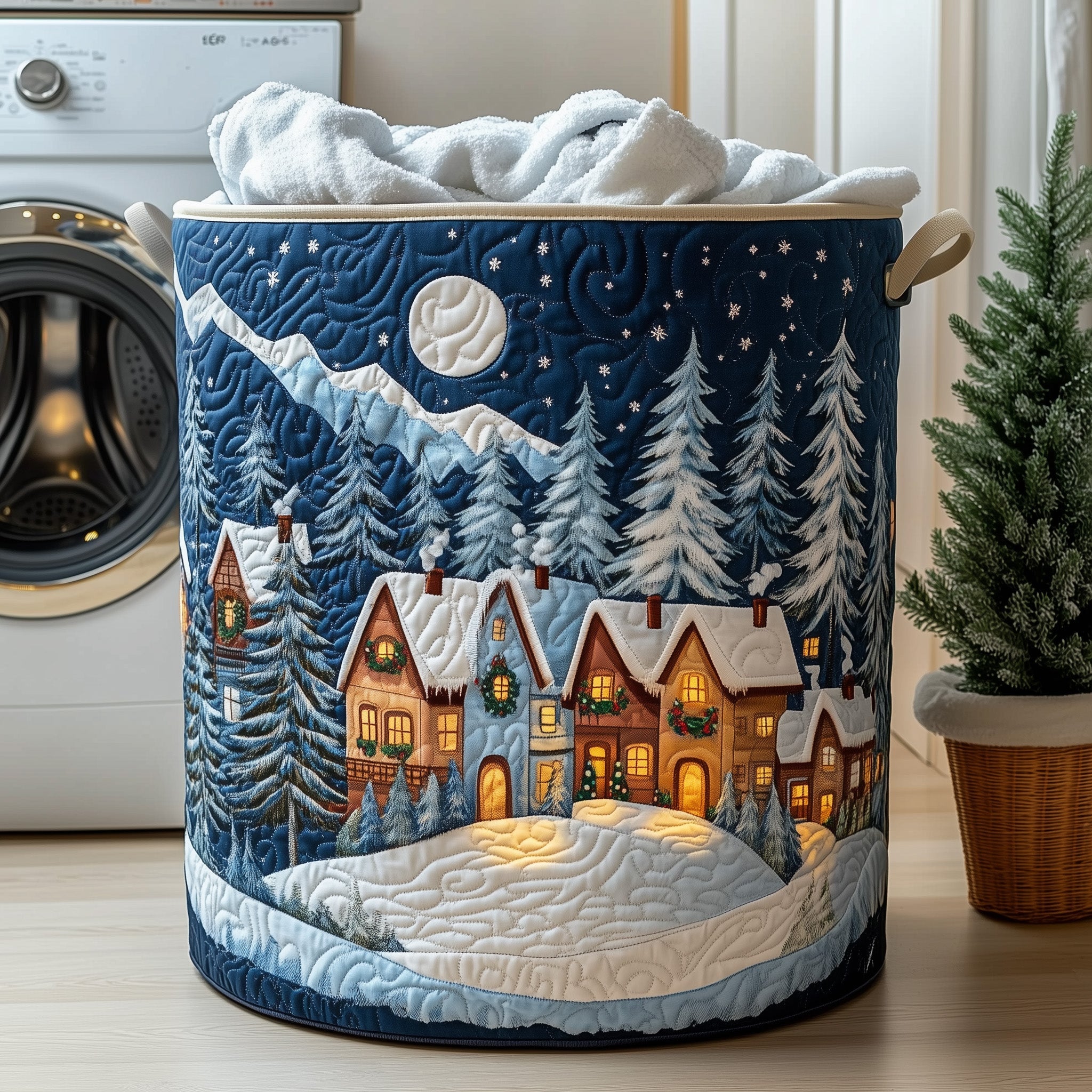 Peaceful Snow Village Quilted Laundry Basket Merch For Friends