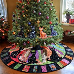 Evening Cats Quilted Christmas Tree Skirt