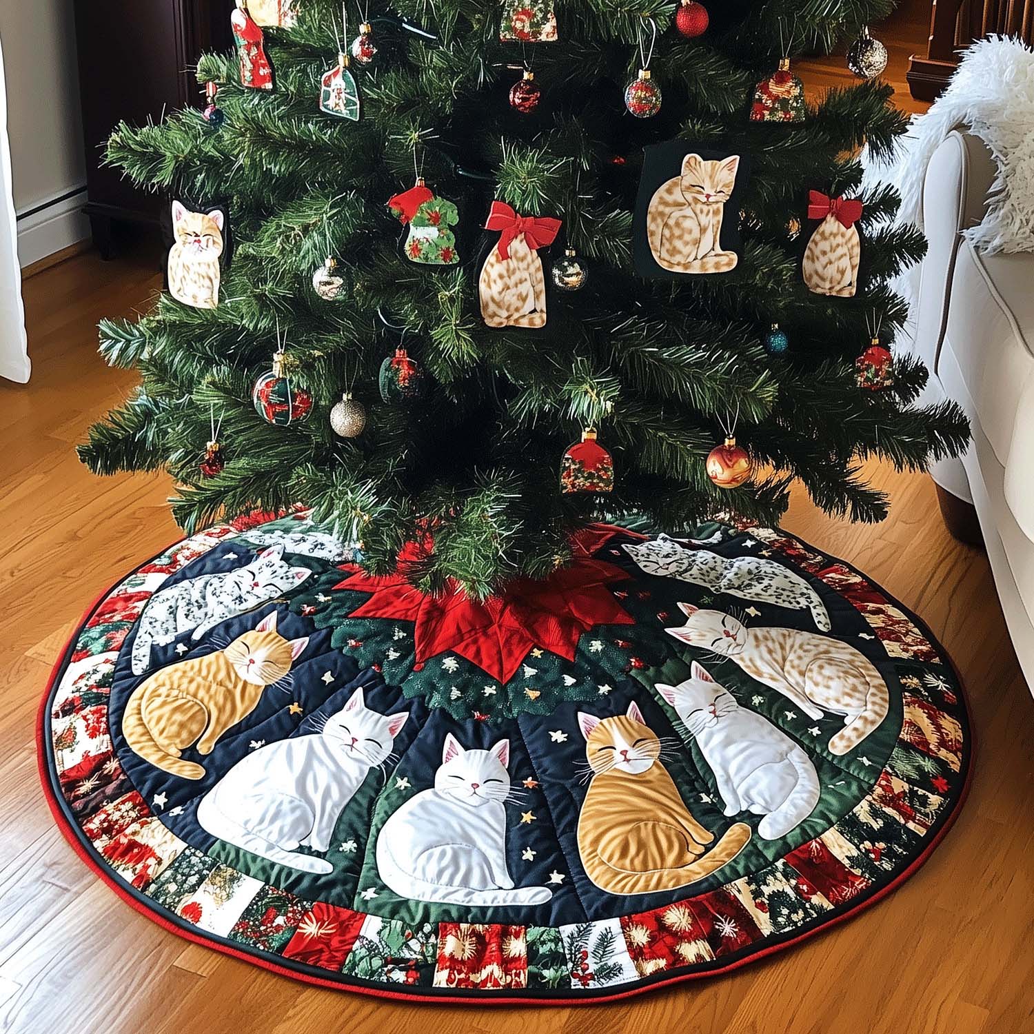 Meowy Christmas Quilted Christmas Tree Skirt