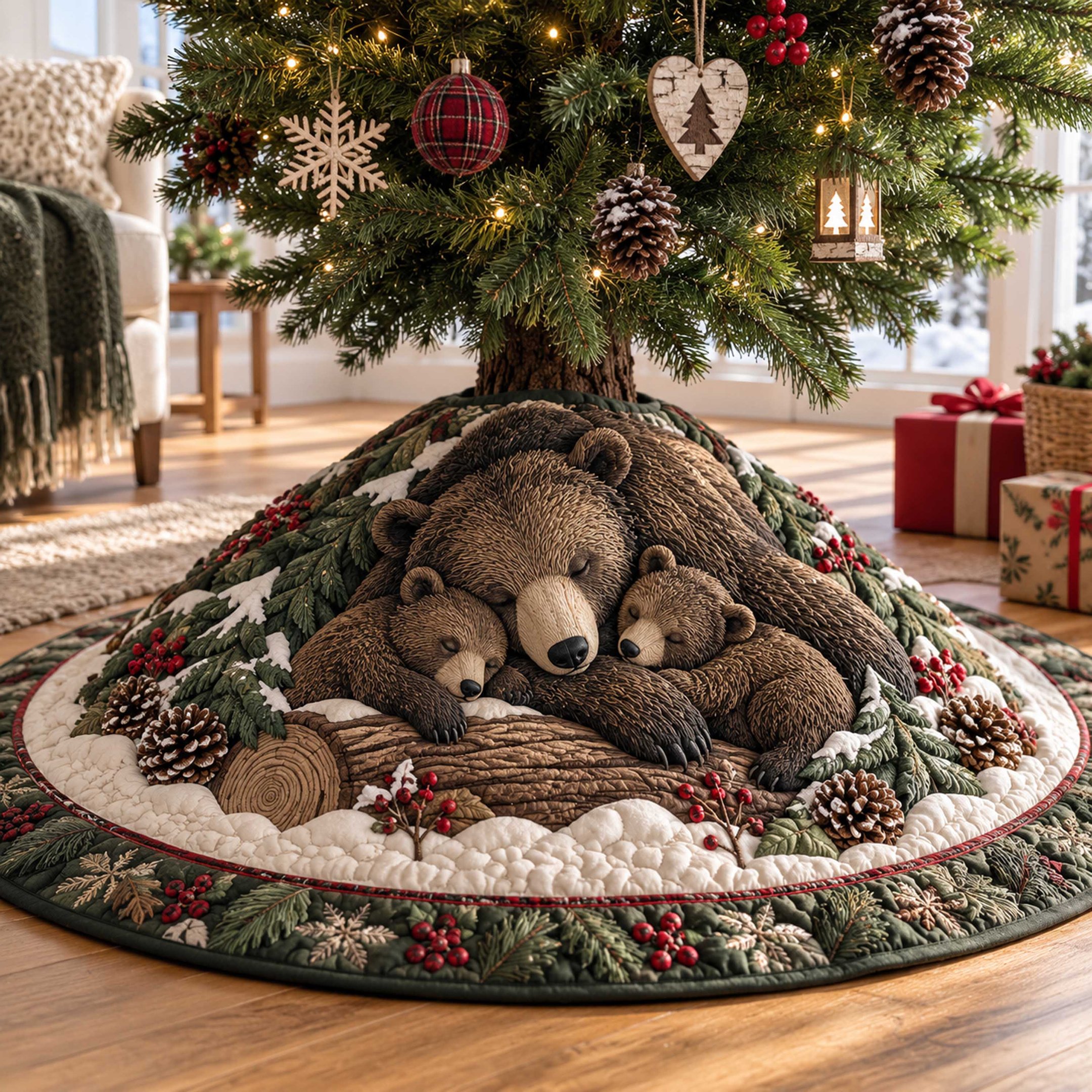 Bear Retreat Christmas Quilted Tree Skirt