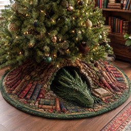 Emerald Library Dragon Christmas Quilted Tree Skirt