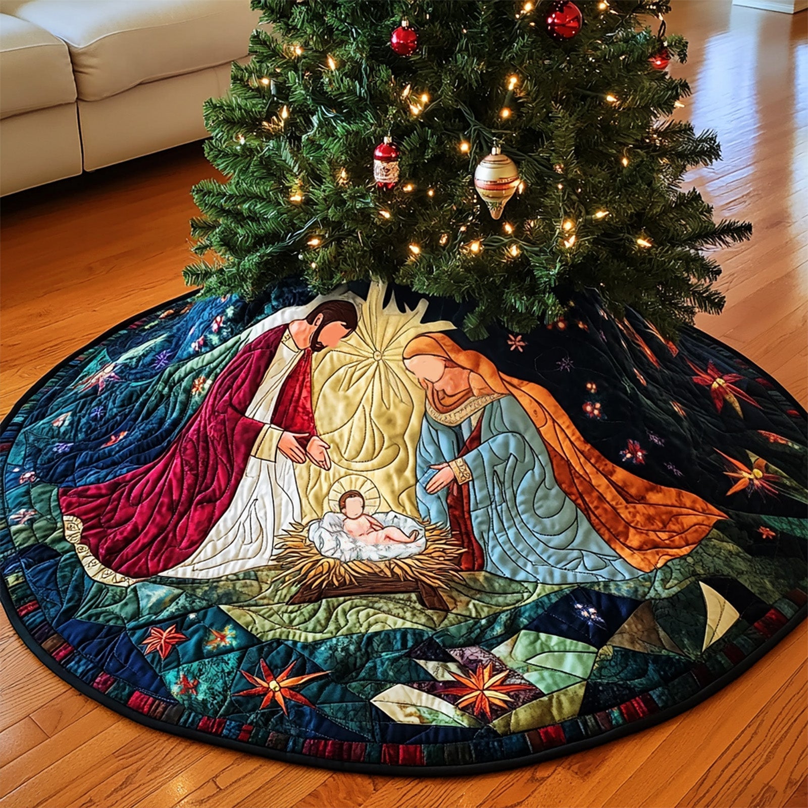 Sacred Manger Quilted Christmas Tree Skirt