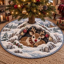 Winter Reindeer Christmas Quilted Tree Skirt