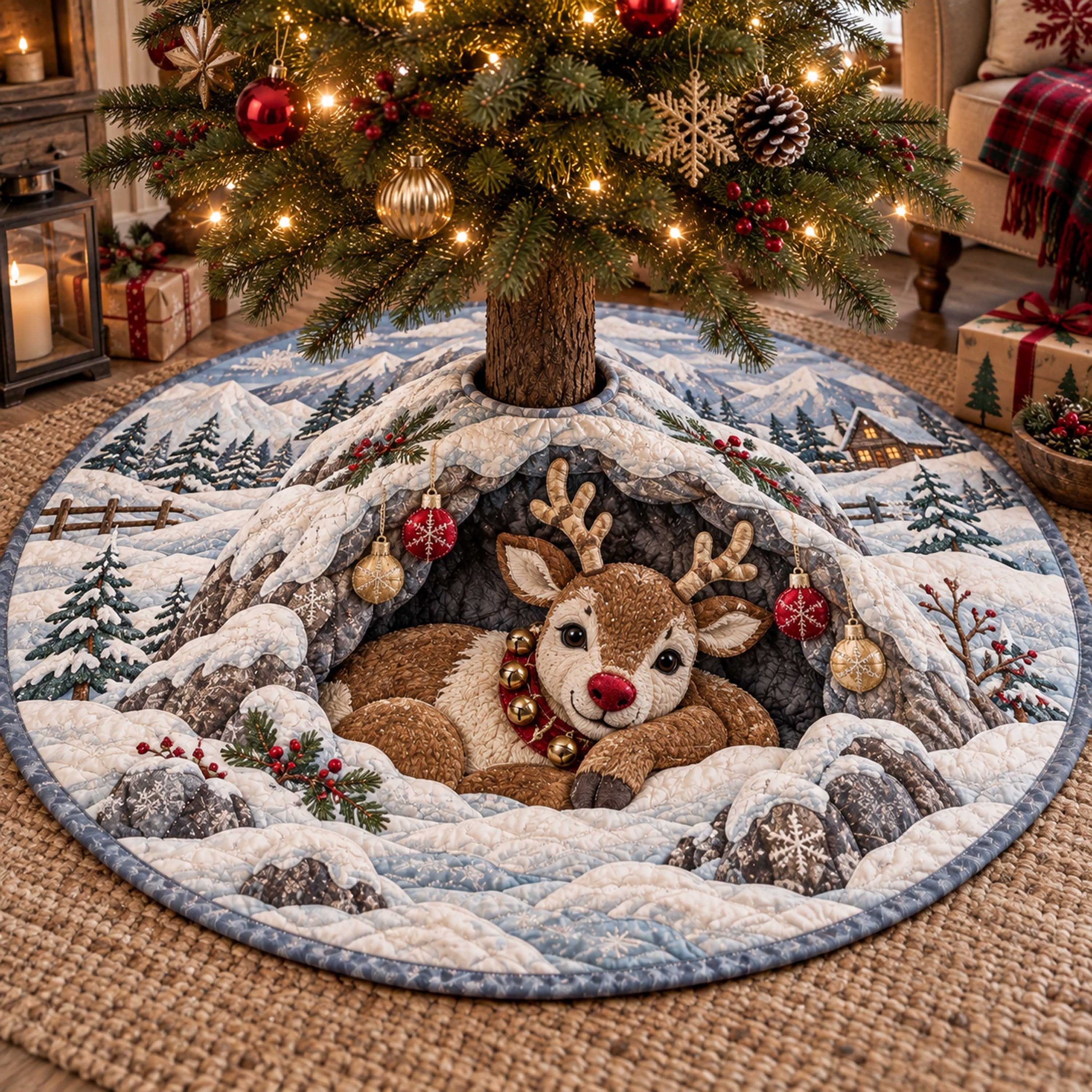Winter Reindeer Christmas Quilted Tree Skirt