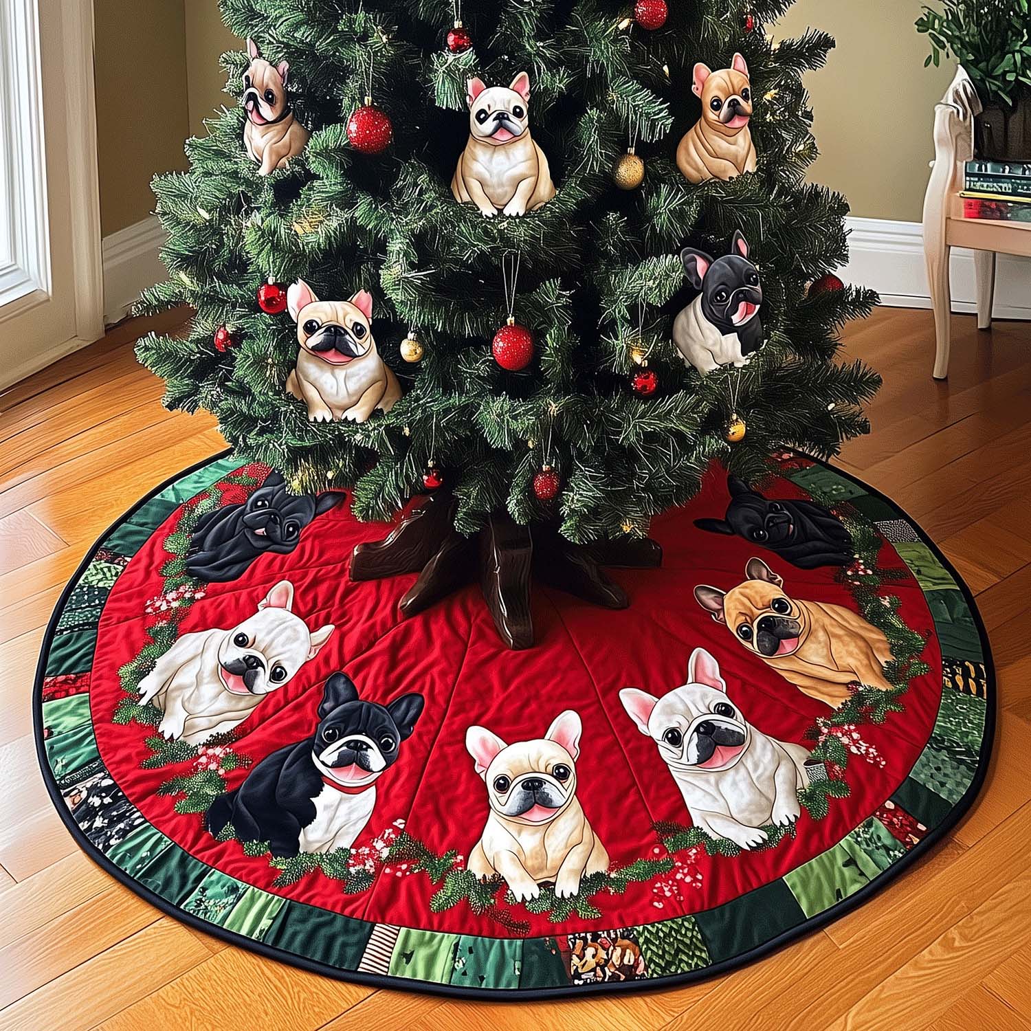 Frenchie Festive Fun Quilted Christmas Tree Skirt