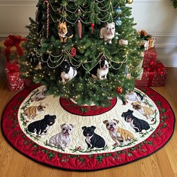 Bulldog Snowy Wishes Quilted Christmas Tree Skirt