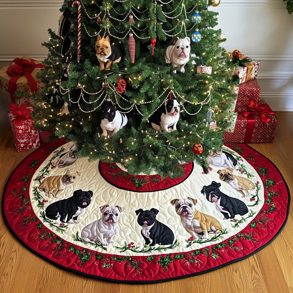 Bulldog Snowy Wishes Quilted Christmas Tree Skirt