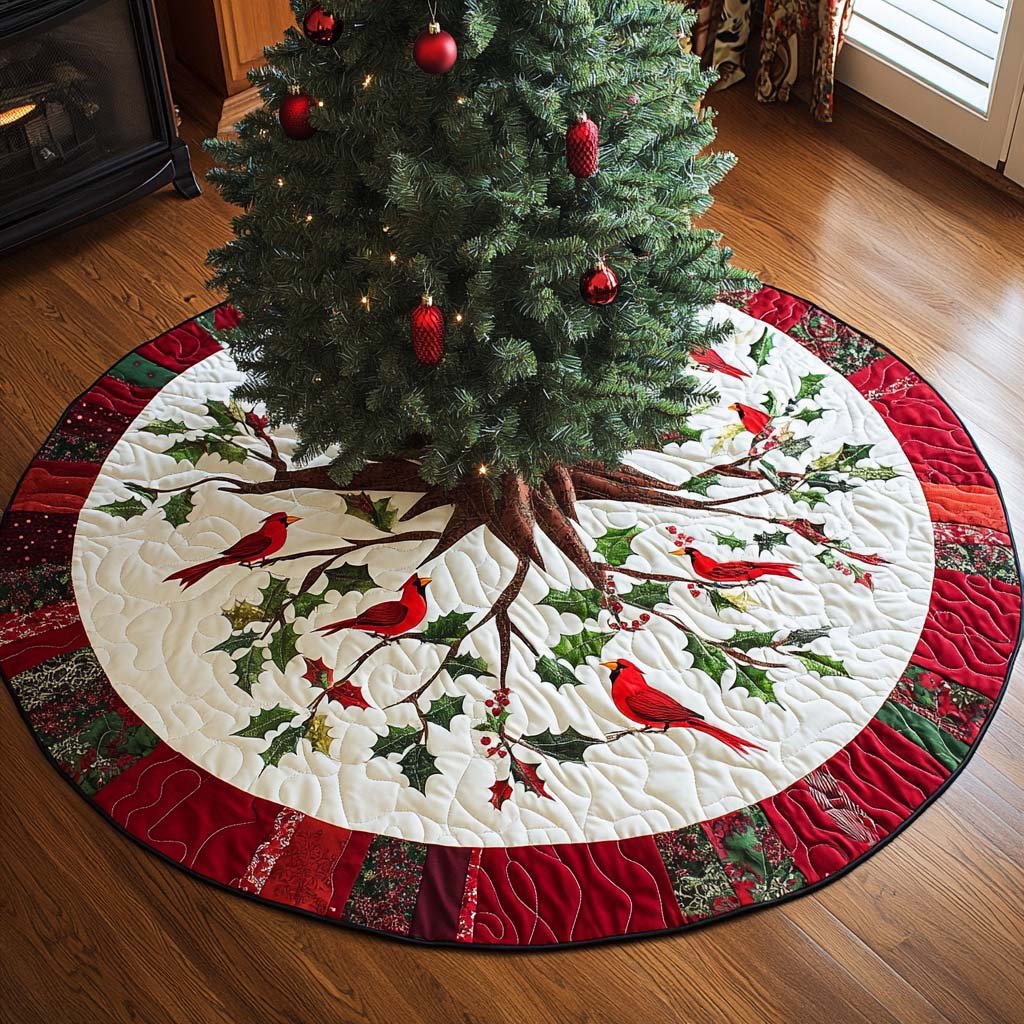 Bright Cardinal Blessings Christmas Quilted Tree Skirt