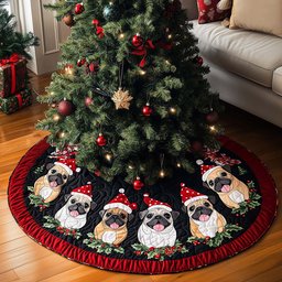 Festive Pug Party Quilted Christmas Tree Skirt