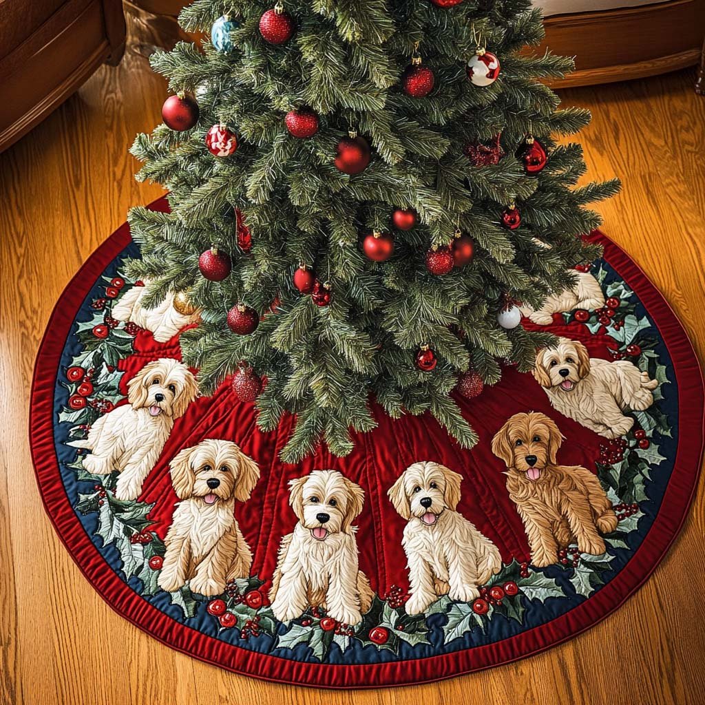 Fluffy Labradoodle Christmas Quilted Tree Skirt