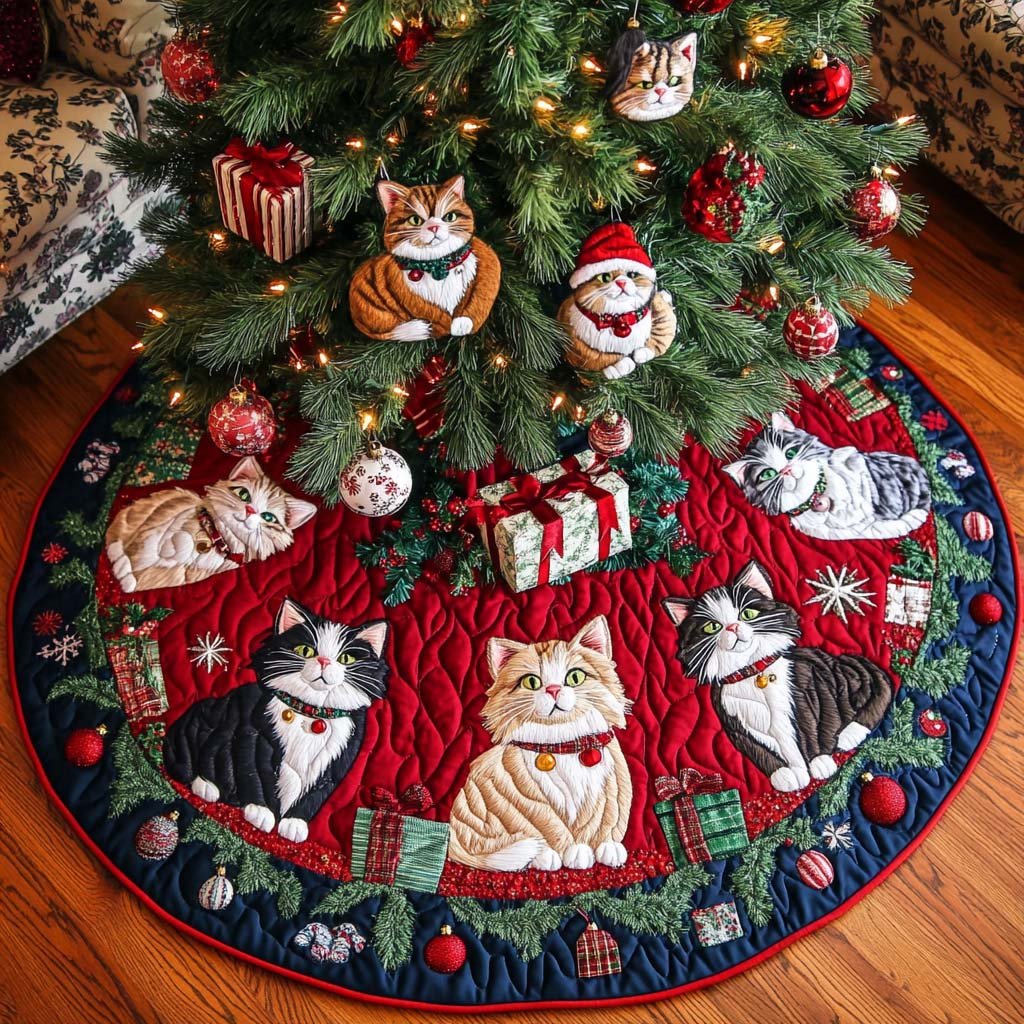Festive Felines Christmas Quilted Tree Skirt