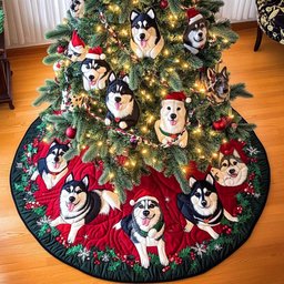 Husky Paws Christmas Quilted Tree Skirt