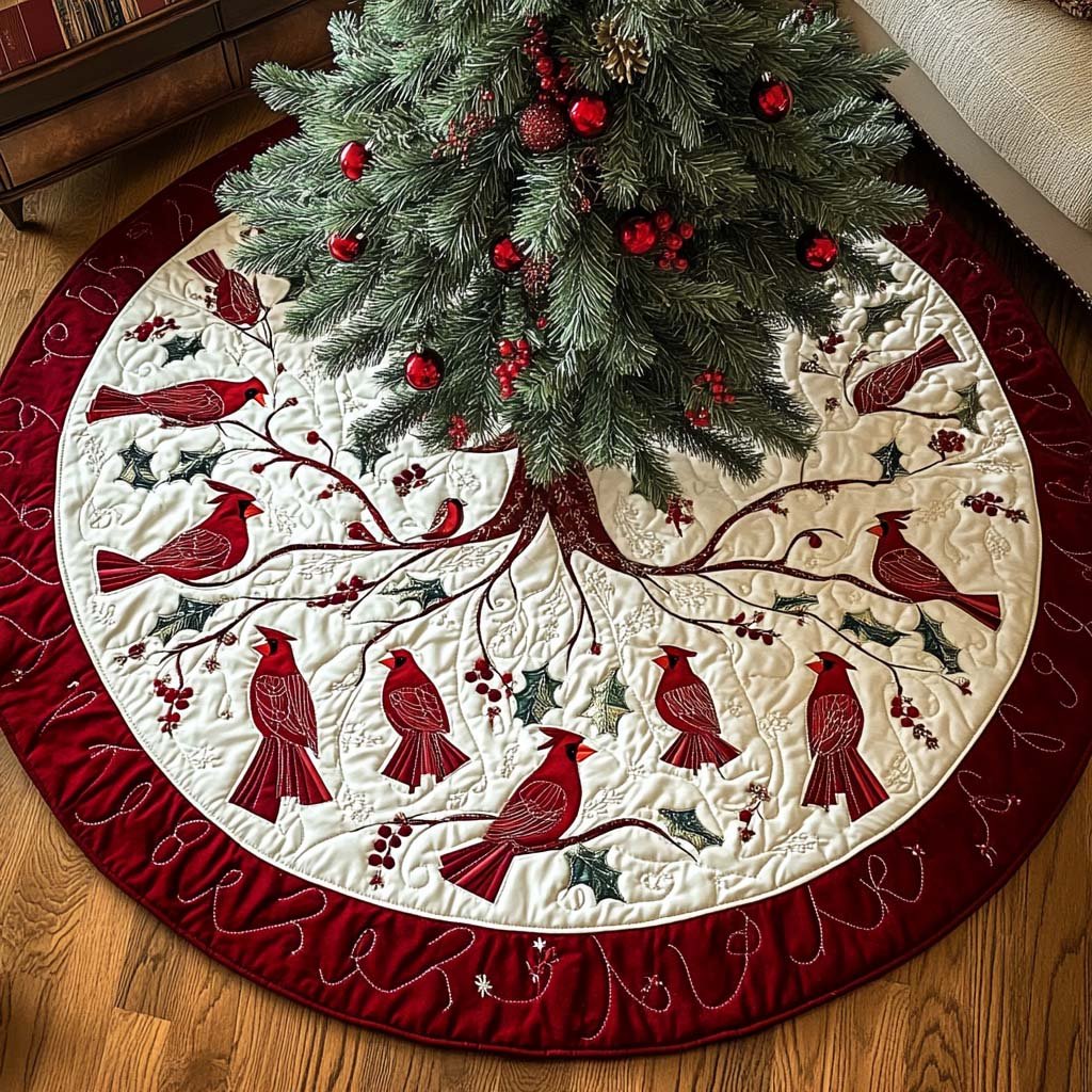Evergreen Perch Christmas Quilted Tree Skirt
