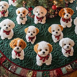Snowy Bichon Cheer Christmas Quilted Tree Skirt