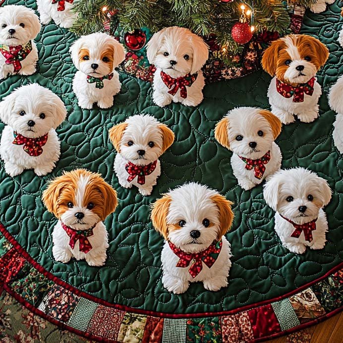 Snowy Bichon Cheer Christmas Quilted Tree Skirt