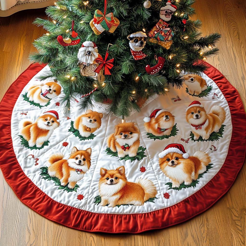Pomeranian Joy Christmas Quilted Tree Skirt
