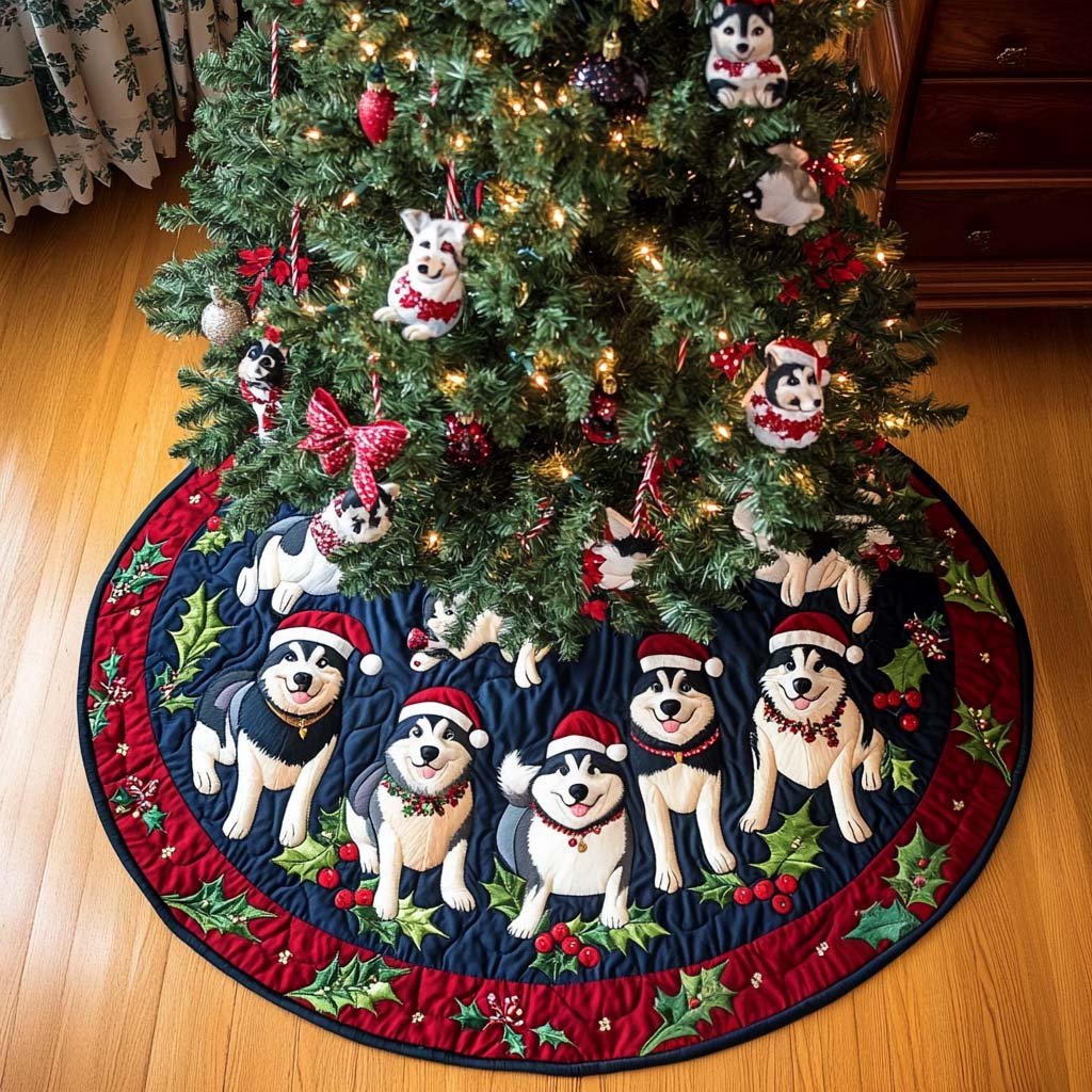 Frosty Husky Christmas Quilted Tree Skirt
