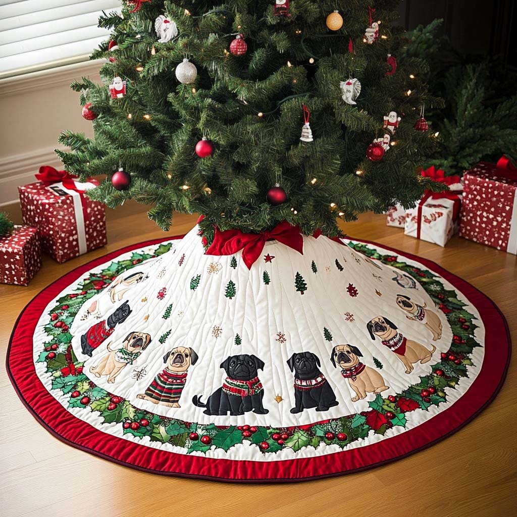 Christmas Pug Christmas Quilted Tree Skirt