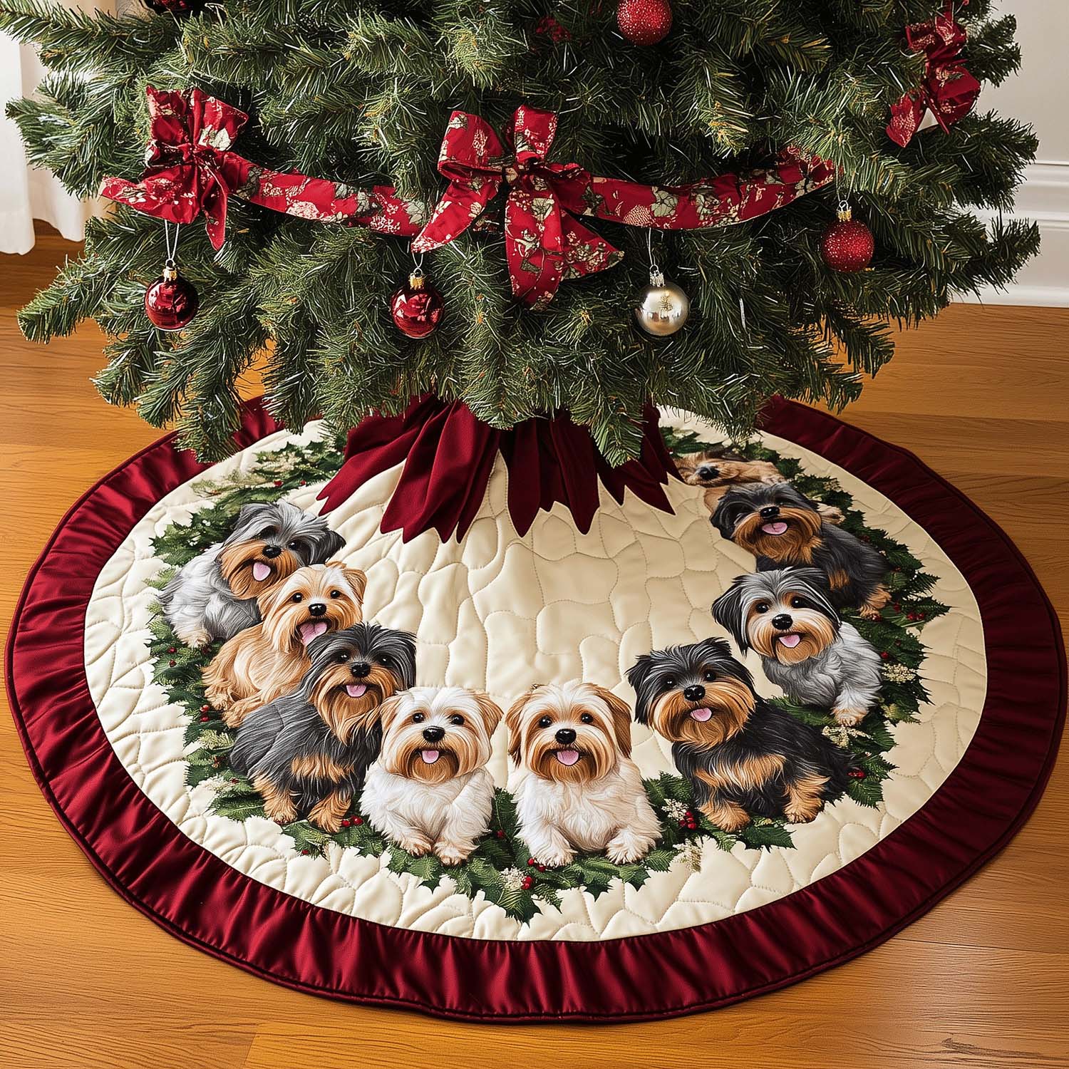 Christmas Yorkie Delight Quilted Christmas Tree Skirt