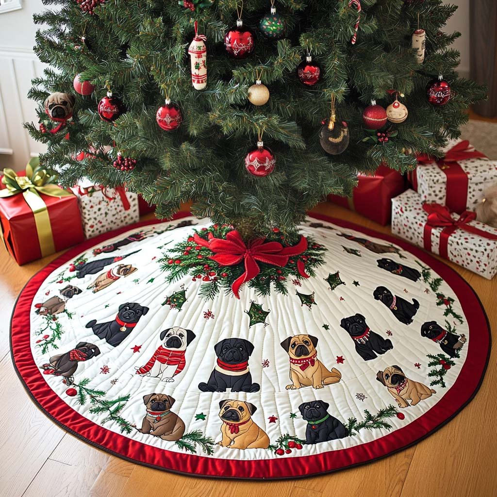 Pug Christmas Joy Christmas Quilted Tree Skirt